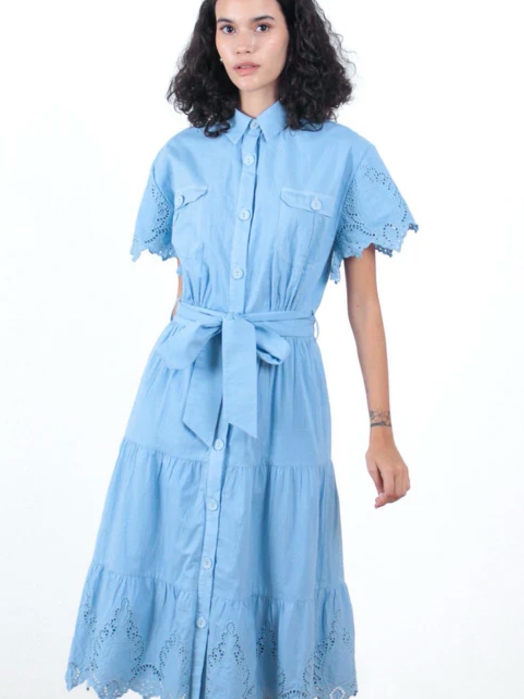 Ollari Size S-Light Blue Eyelet Midi Shirt Dress With Self Tie Waist